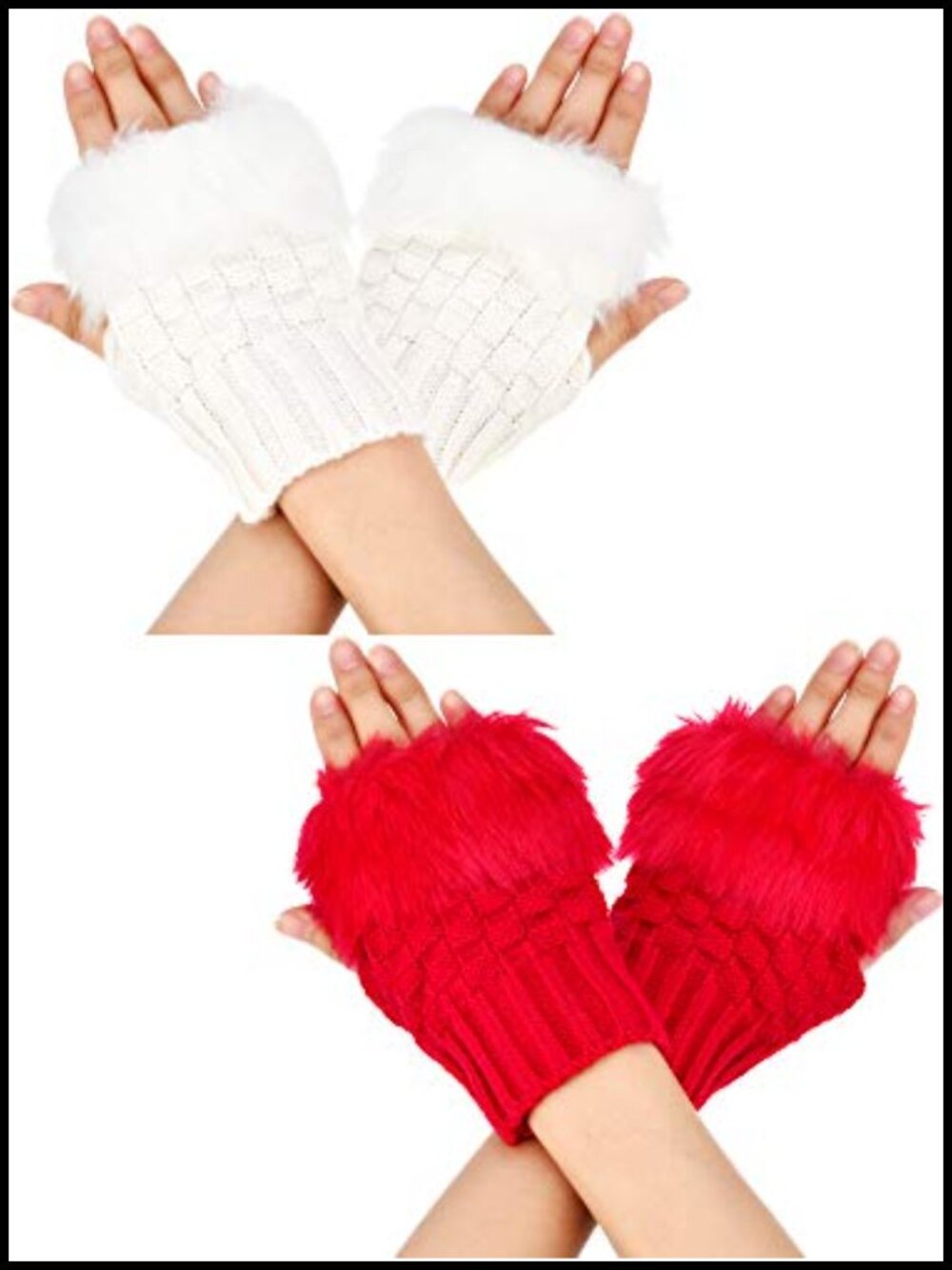 Fingerless Knit Winter Gloves Touchscreen Thumbhole Faux Fur Warm Mittens